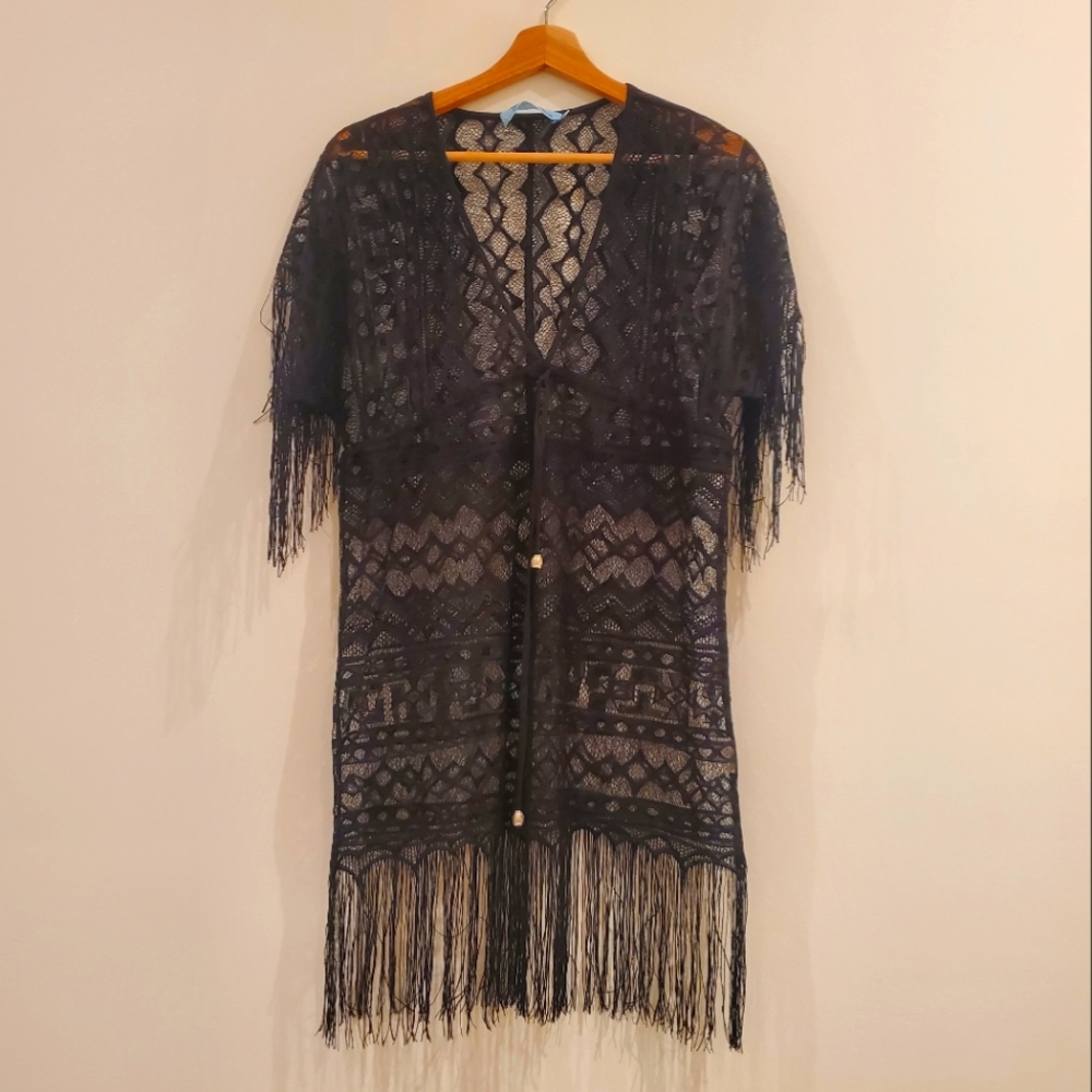 Solitaire Swim Sexy Black Fringed Adjustable Cover Up (S)